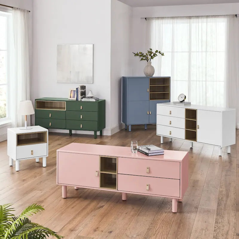 TV Cabinet with Door & Leather Handle Drawers