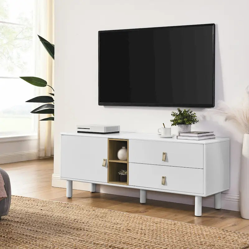 TV Cabinet with Door & Leather Handle Drawers