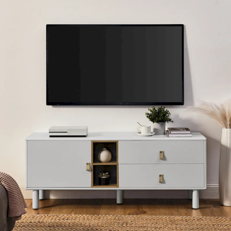 TV Cabinet with Door & Leather Handle Drawers
