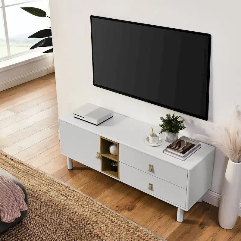 TV Cabinet with Door & Leather Handle Drawers