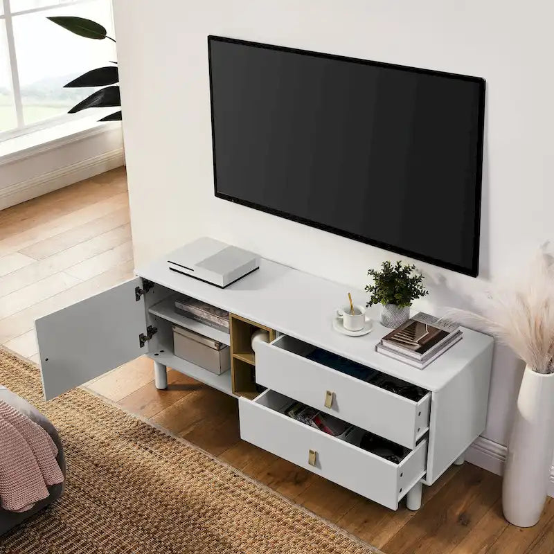TV Cabinet with Door & Leather Handle Drawers