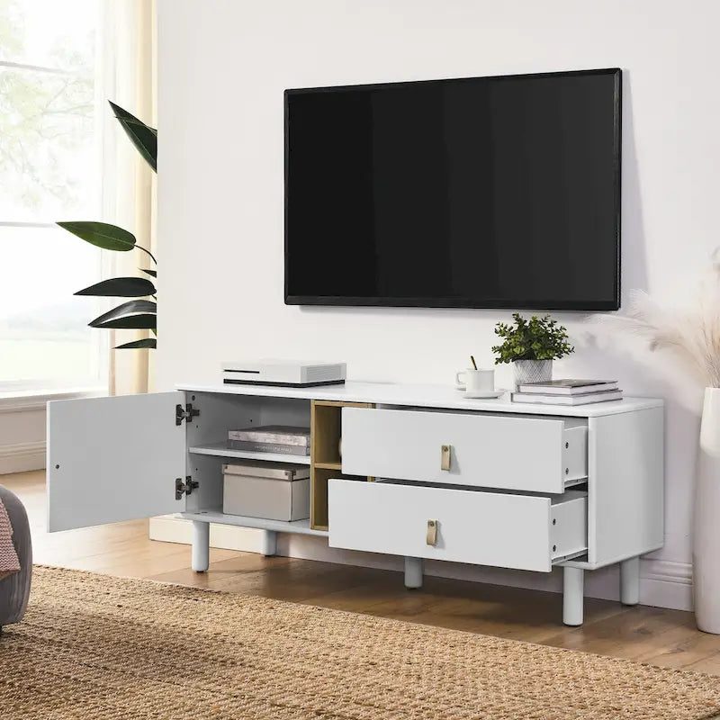 TV Cabinet with Door & Leather Handle Drawers