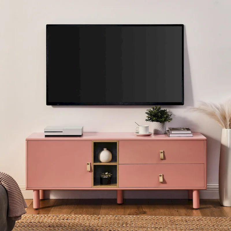 TV Cabinet with Door & Leather Handle Drawers