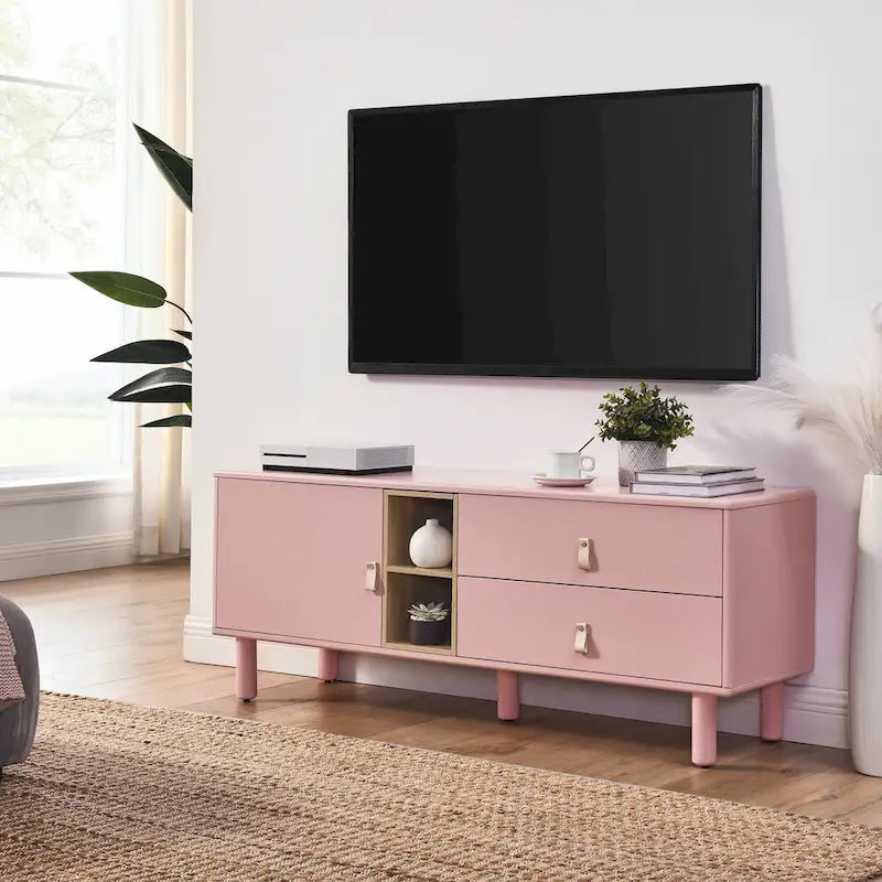 TV Cabinet with Door & Leather Handle Drawers