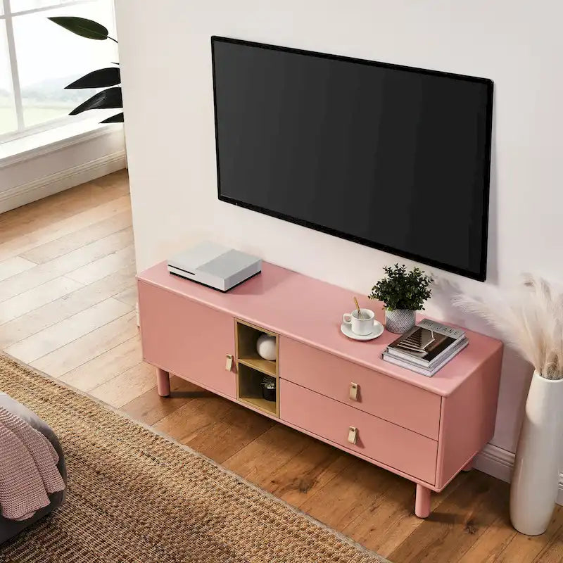 TV Cabinet with Door & Leather Handle Drawers