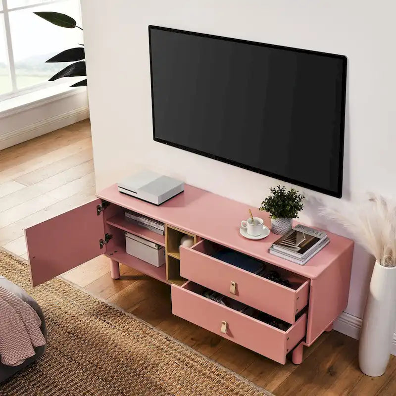 TV Cabinet with Door & Leather Handle Drawers