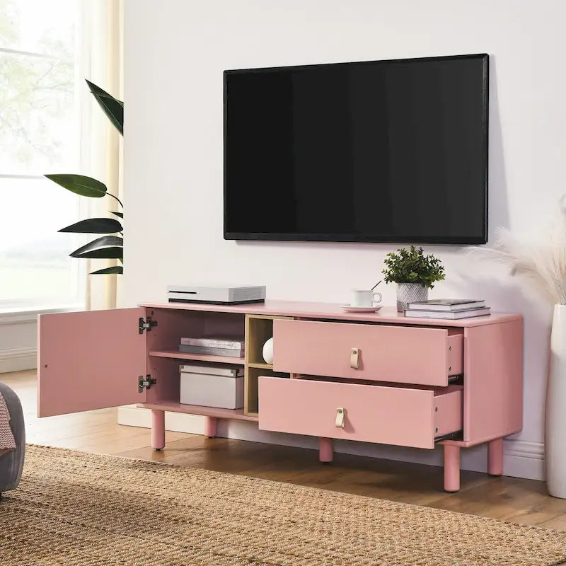 TV Cabinet with Door & Leather Handle Drawers