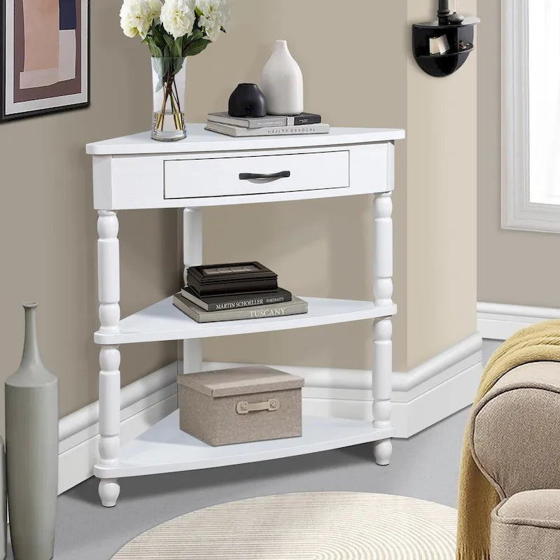 Triangle Corner Side Table with Solid Wood Legs, 3-Tier End Table for Small Spaces