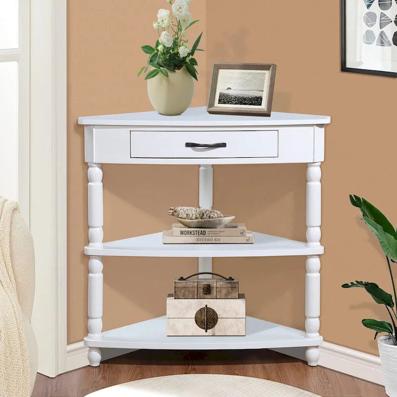 Triangle Corner Side Table with Solid Wood Legs, 3-Tier End Table for Small Spaces