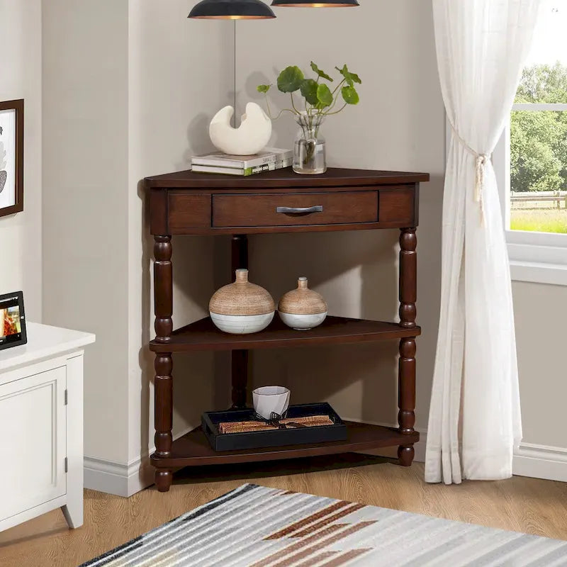 Triangle Corner Side Table with Solid Wood Legs, 3-Tier End Table for Small Spaces
