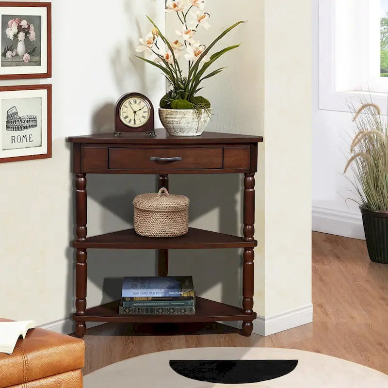 Triangle Corner Side Table with Solid Wood Legs, 3-Tier End Table for Small Spaces