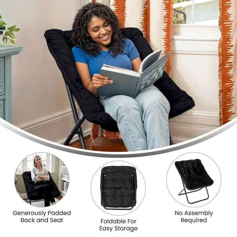Folding Synthetic Fur Oversized Saucer Chair with Steel Frame