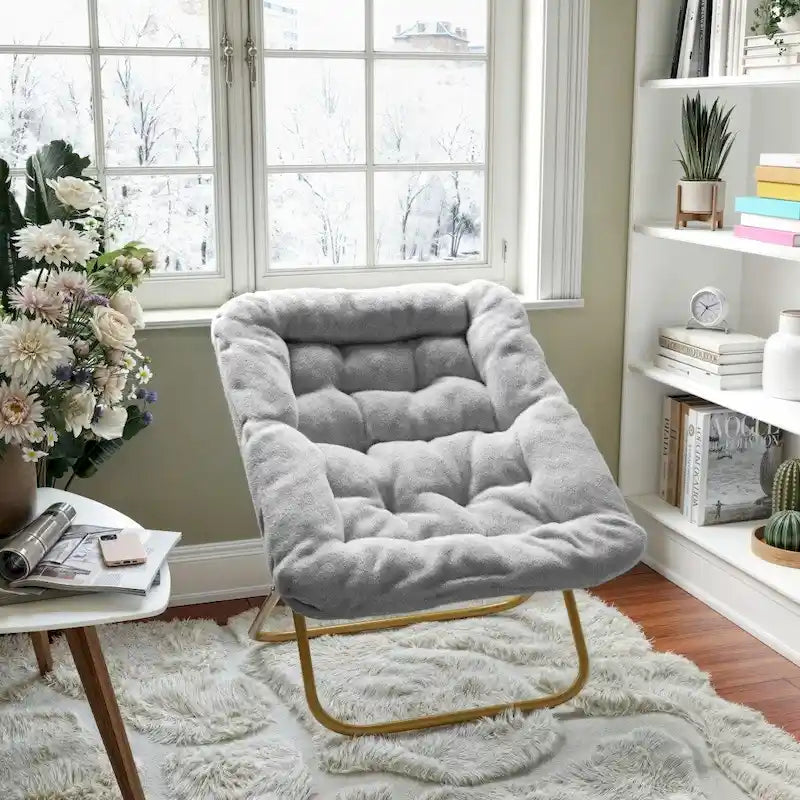 Folding Synthetic Fur Oversized Saucer Chair with Steel Frame