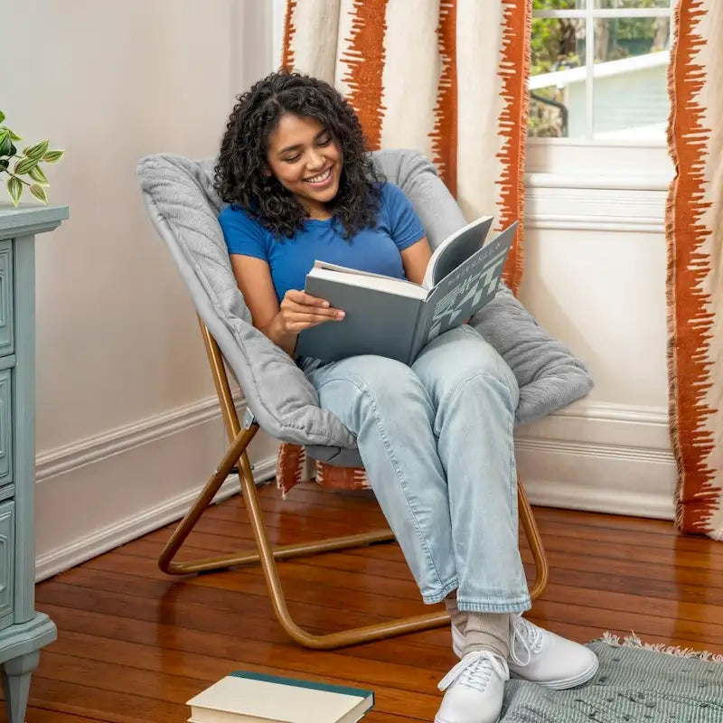 Folding Synthetic Fur Oversized Saucer Chair with Steel Frame
