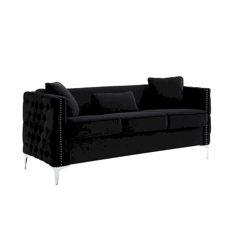 73 Inch Modern Sofa with 3 Pillows, Tufted Black Velvet, Silver Legs