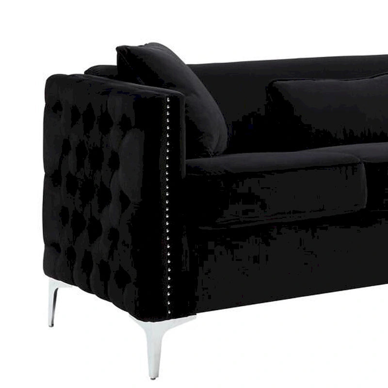 73 Inch Modern Sofa with 3 Pillows, Tufted Black Velvet, Silver Legs