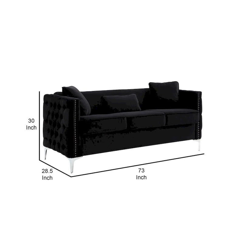 73 Inch Modern Sofa with 3 Pillows, Tufted Black Velvet, Silver Legs