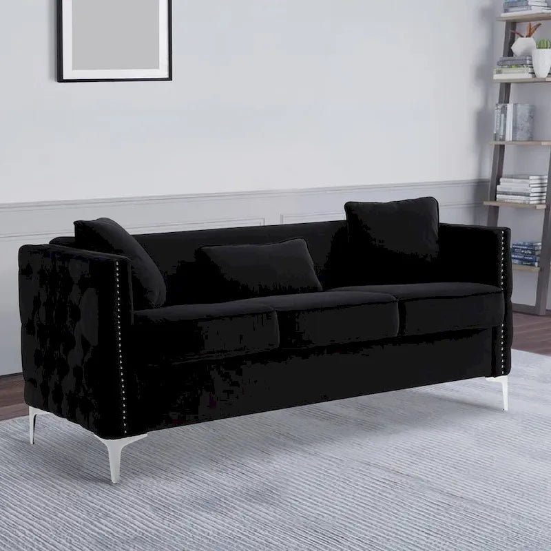 73 Inch Modern Sofa with 3 Pillows, Tufted Black Velvet, Silver Legs