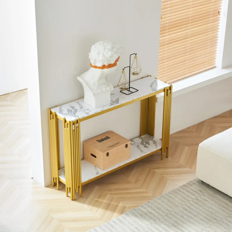 2-Tier Faux Marble Console Table, Modern Narrow Entryway & Hallway Table