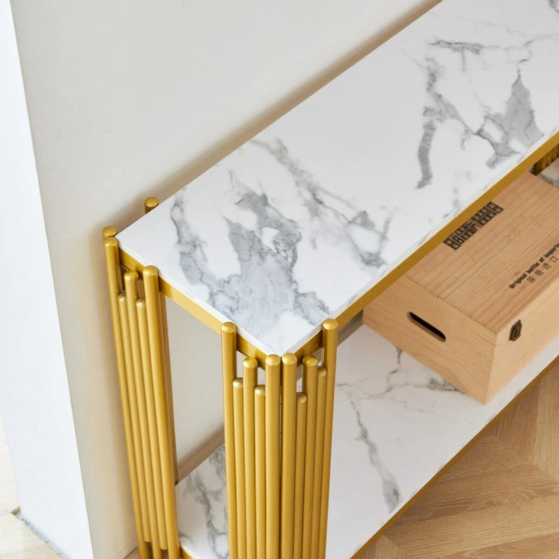 2-Tier Faux Marble Console Table, Modern Narrow Entryway & Hallway Table