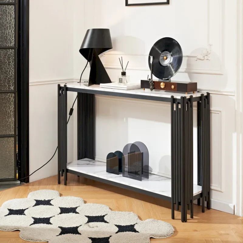 2-Tier Faux Marble Console Table, Modern Narrow Entryway & Hallway Table