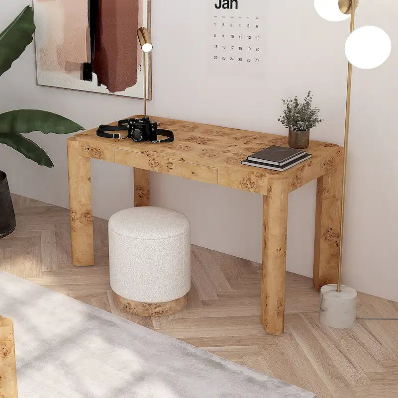 49-Inch Maple Burl Desk Vanity Table with Storage
