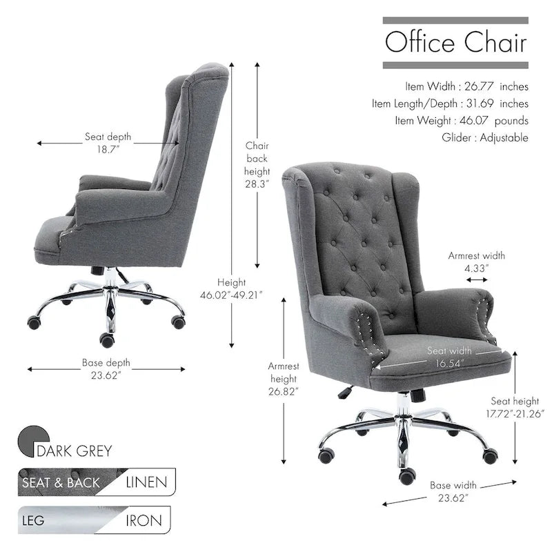 Wingback Office Chair, Linen Upholstery