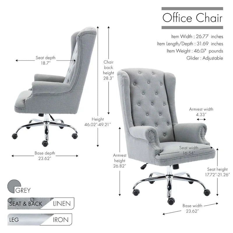 Wingback Office Chair, Linen Upholstery